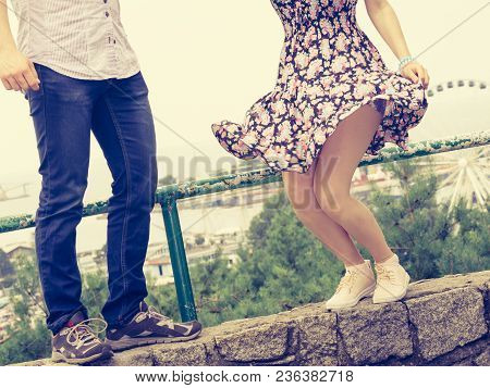 Unrecogniazble Man And Woman Having Romantic Date Looking Wearing Fashionable Outfits. Guy Wearing J