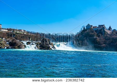 View Of Waterfalls Of The Rhine River With The Laufen Castle At Schaffhausen In Switzerland