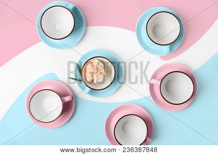 Clean Coffee Or Tea Set. Plenty Of Elegant Porcelain Light Blue And Pastel Pink Cups And At Funky Ab