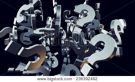 3d Rendering Illustration Of Exploding Question Mark Particles As Concept Of Perplexion And Confusio