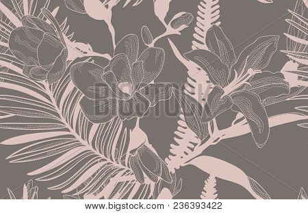 Vector Pastel Colorful Decorative Seamless Background Pattern With Drawn Flowers, Cherry Blossom, Or