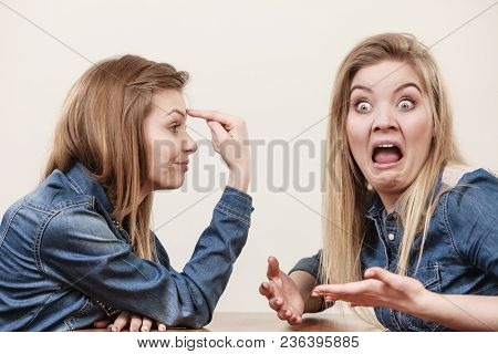 Two Women Having Argue Mocking Up Being Mad At Each Other. Female Telling Off, Ignorance Coversation