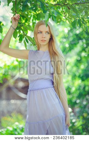Attractive Modest Young Girl With Blond Dren Hair And Natural Make-up In Purple Dress Outdoors, Tend