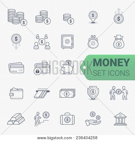 Simple Set Of Money Related Vector Line Icons. 
Contains Such Icons As Wallet, Atm, Bundle Of Money,
