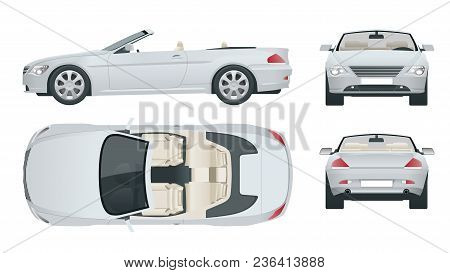 Transfer, Cabriolet Car. Cabrio Coupe Vehicle Template Vector Isolated On White. View Front, Rear, S