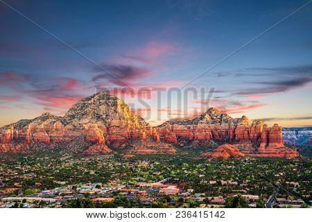 Sedona, Arizona, USA downtown and mountains.