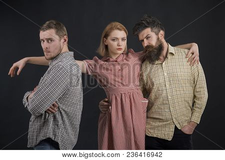 Men, Woman On Pensive Faces, Black Background. Company Of Confident People, Friends. Love Triangle C