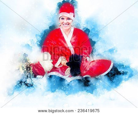 Cheerful Young Woman In Christmas Outfit Accompanied By Two Sweet Poodles. Softly Blurred Watercolor