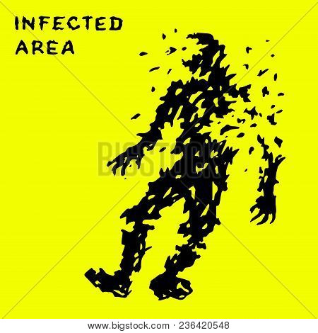 Zombie Falls From The Queue Of A Large-caliber Machine Gun. Infected Zone Sign. Vector Illustration.