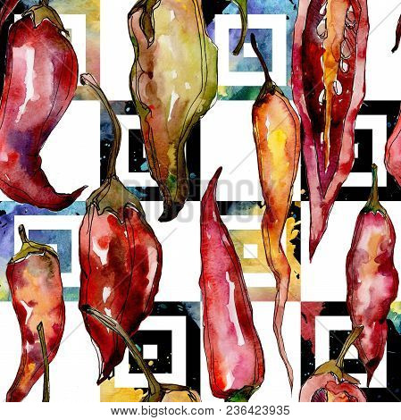 Pepper Wild Vegetables In A Watercolor Style Pattern. Full Name Of The Vegetables: Pepper . Aquarell
