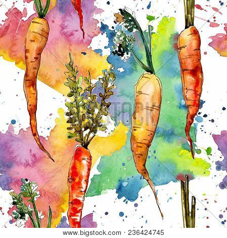 Carrot Healthy Food In A Watercolor Style Pattern. Full Name Of The Vegetables: Carrot. Aquarelle Wi