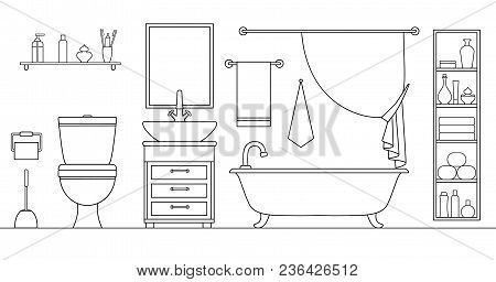 Linear Vector Bathroom. Plan Of The Restroom With Furniture Arrangement. Vector. Drawing. Illustrati