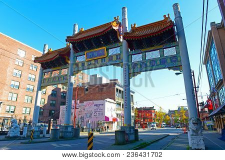 Vancouver - Nov 13, 2014: Chinatown Millennium Gate On Pender Street In Vancouver, British Columbia,