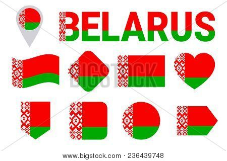 Belarus Flag Collection. Belarusian Flags Set. Vector Flat Isolated Icons With State Name. Tradition