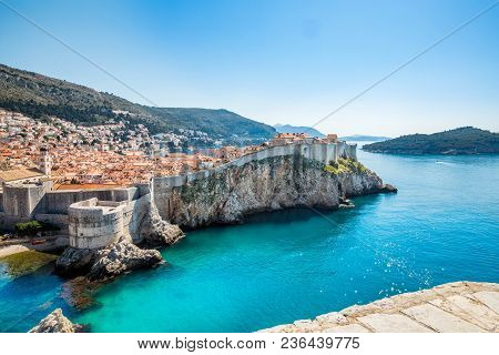 A Shot Of Dubrovnik, Croatia Old Town Walls And The Sea And Lokrum Island