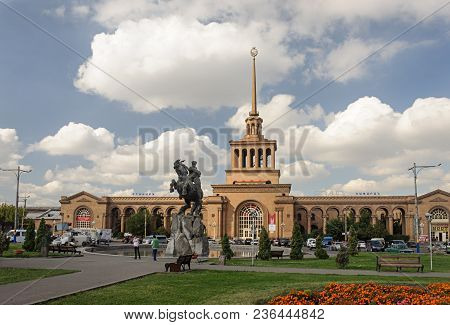 Yerevan, Armenia - October 05, 2017: Railway Station With Sculpture Of David Sasuntsi In Front