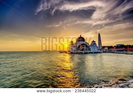Beautiful Sunset Over The Majestic Mosque, Malacca Straits Mosque (masjid Selat). Soft Focus Due To