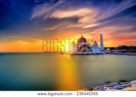 Beautiful Sunset Over The Majestic Mosque, Malacca Straits Mosque (masjid Selat). Soft Focus Due To