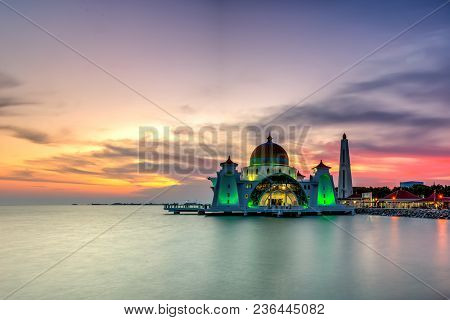 Beautiful Sunset Over The Majestic Mosque, Malacca Straits Mosque (masjid Selat). Soft Focus Due To