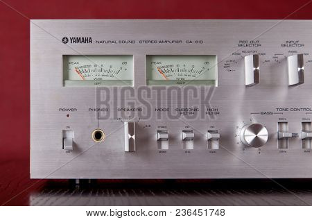 Vintage Stereo Amplifier Frontal Panel with VU meters Closeup 
