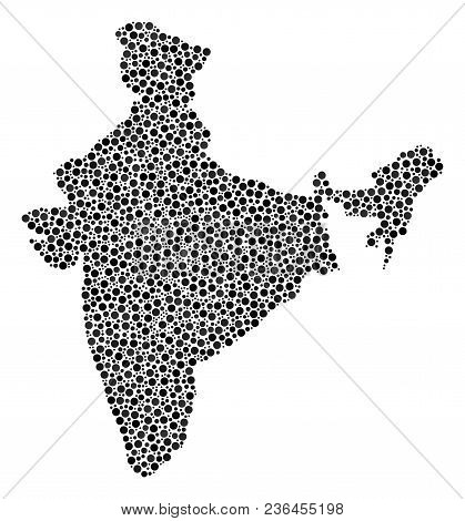 India Map Collage Of Round Dots In Various Sizes And Color Hues. Round Dots Are Composed Into India 