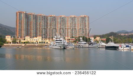 Tuen Mun, Hong Kong, 22 March 2018: Cruise in typhoon shelter in Hong Kong 
