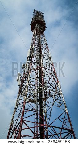 Telecommunication Mast Tv Antennas Wireless Technology With Blue Sky In The Morning