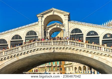 Venice, Italy - September  23, 2017 Rialto Bridge Colorful Grand Canal Touirists Travlers Grand Cana