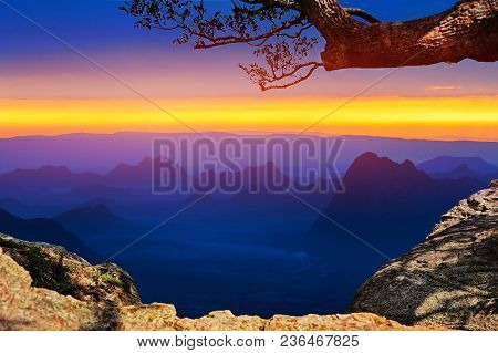 Beautiful Mountain Sunrise View From A Top Of High Mountain