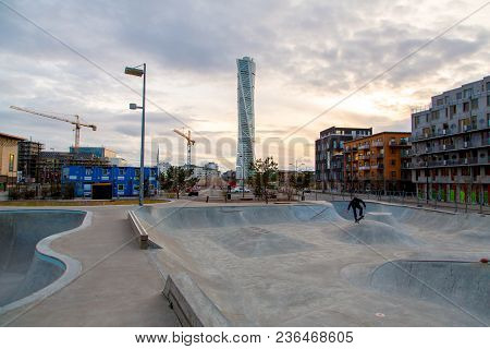 Malmo Skate Park With Turning Torso Skyscraper On The Background