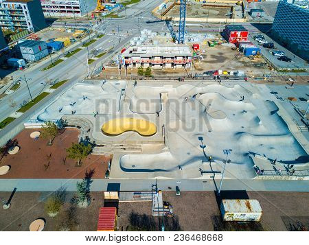Aerial View Of The Skate Park In Malmo, Sweden. Largest Skate Park In Europe. July 10, 2017.