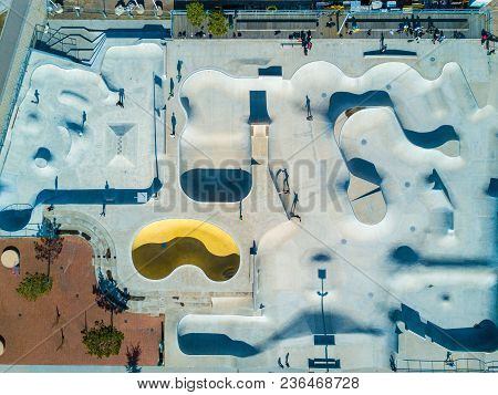 Aerial View Of The Skate Park In Malmo, Sweden. Largest Skate Park In Europe. July 10, 2017.