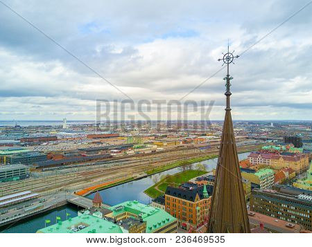 Aerial Malmo Town View From Above With Harbour And The City On The Background And Old Cathedral Top 