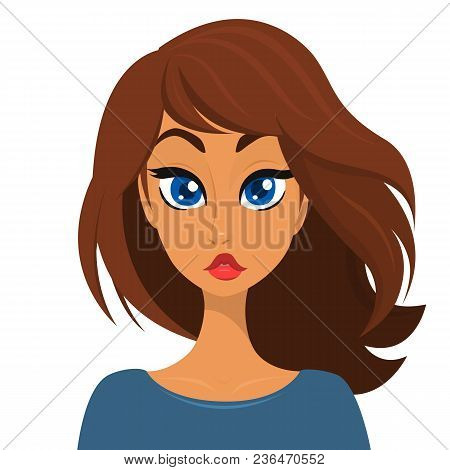 Cartoon Brunette Young Women Face. Vector Illustration
