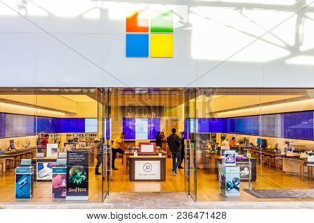 San Antonio, Texas - April 12, 2018 - Entrance Of The Microsoft Store And Shoroom Located At La Cant