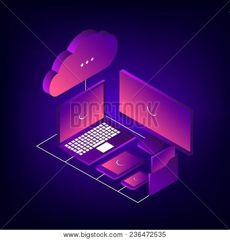 Cloud Storage 3d Isometric Technology Concept. Laptop, Noutbook, Folder With Documents, Tablet And S