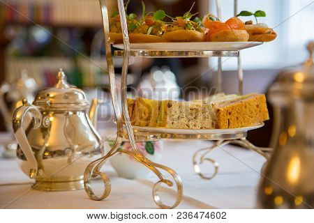 Classical London Afternoon Tea With English Breakfast In A Luxury Hotel.