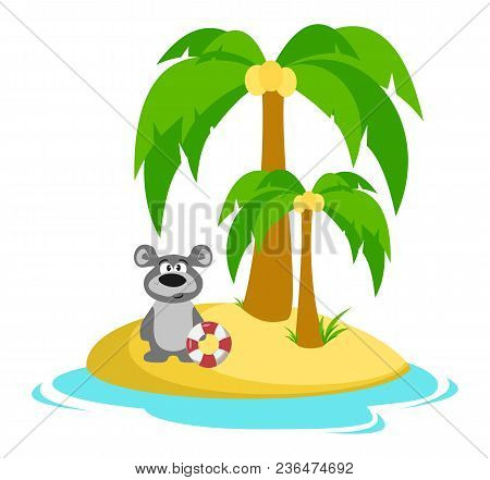 Bear On The Island. Bathing. Summer. Sea Vacation Vector Illustration