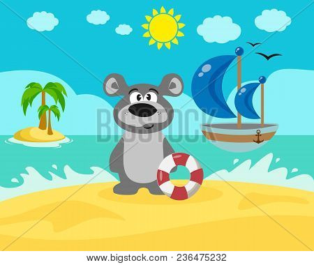 Bear On The Beach. Sea Tour. Summer Vacation