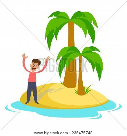 Sad Young Man On A Desert Island. Vector Illustration