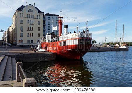HELSINKI, FINLAND - JULY 15, 2017: Cafe on the retro lightship Relandersgrund at the North Beach. The ship was built in 1886-1888, but since 1990s used as cafe