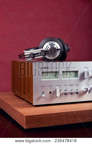 Vintage Stereo Amplifier Frontal Panel with VU meters and Headphones Closeup 