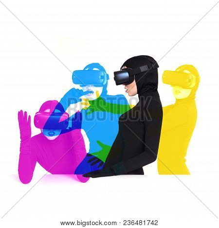 Woman Is Posing In Vr Headset, Four Poses As Cmyk. An Excited Woman Experiencing The Virtual Reality