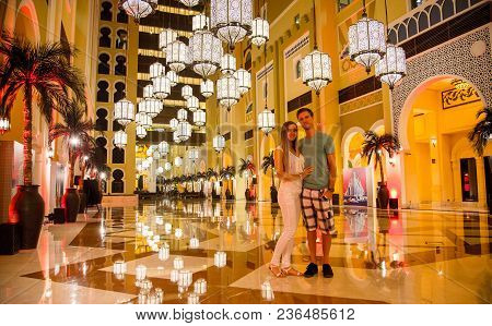 Luxury Lobby Design Hall In A Movenpick Batutta Gate Hotel. Amazing Interior Decorations. Uae, Dubai