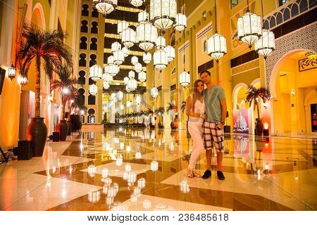 Luxury Lobby Design Hall In A Movenpick Batutta Gate Hotel. Amazing Interior Decorations.uae, Dubai,