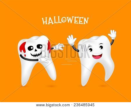 Funny Cute Cartoon Tooth Characters, Tooth With Blood. Trick Or Treat Concept, Happy Halloween Day, 