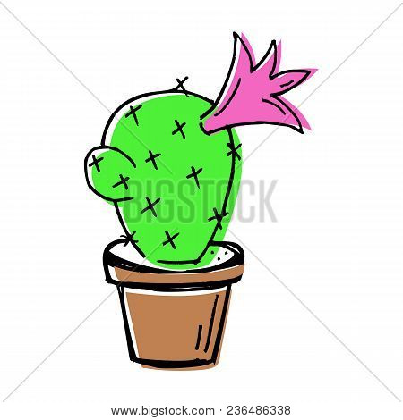 Sketch Doodle Home Green Cactus In Brown Pot, Flat Cartoon Colors, Stock Vector Illustration