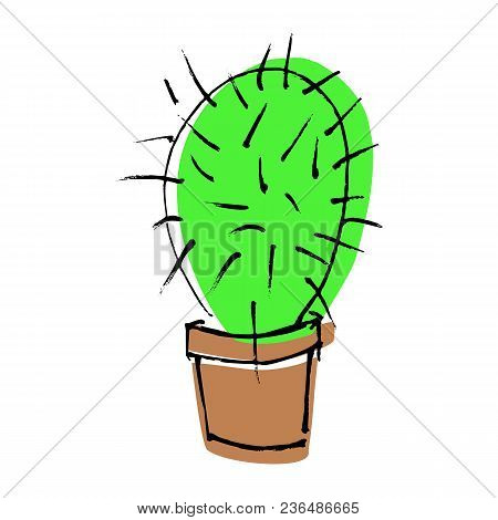 Sketch Doodle Home Green Cactus In Brown Pot, Flat Cartoon Colors, Stock Vector Illustration