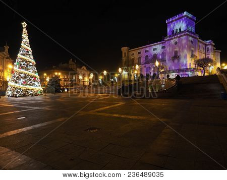 Bielsko-biala, Poland Europe On January 2018: Sulkowski Castle And Christmas Tree In Historical City