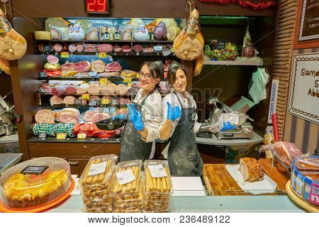 ROME, ITALY - CIRCA NOVEMBER 2017: staff at Carrefour Express store in Rome. Carrefour Express is a convenience store chain owned and operated by French retailer Carrefour.